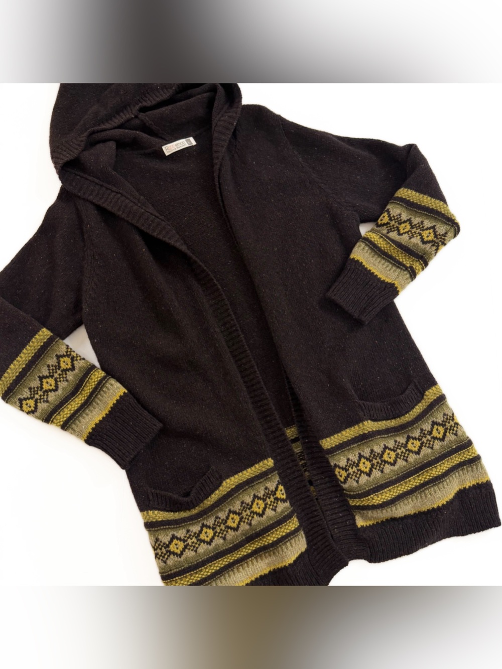Fisherman out of Ireland Hooded Cardigan Sweater Merino Wool Womens Large Brown
